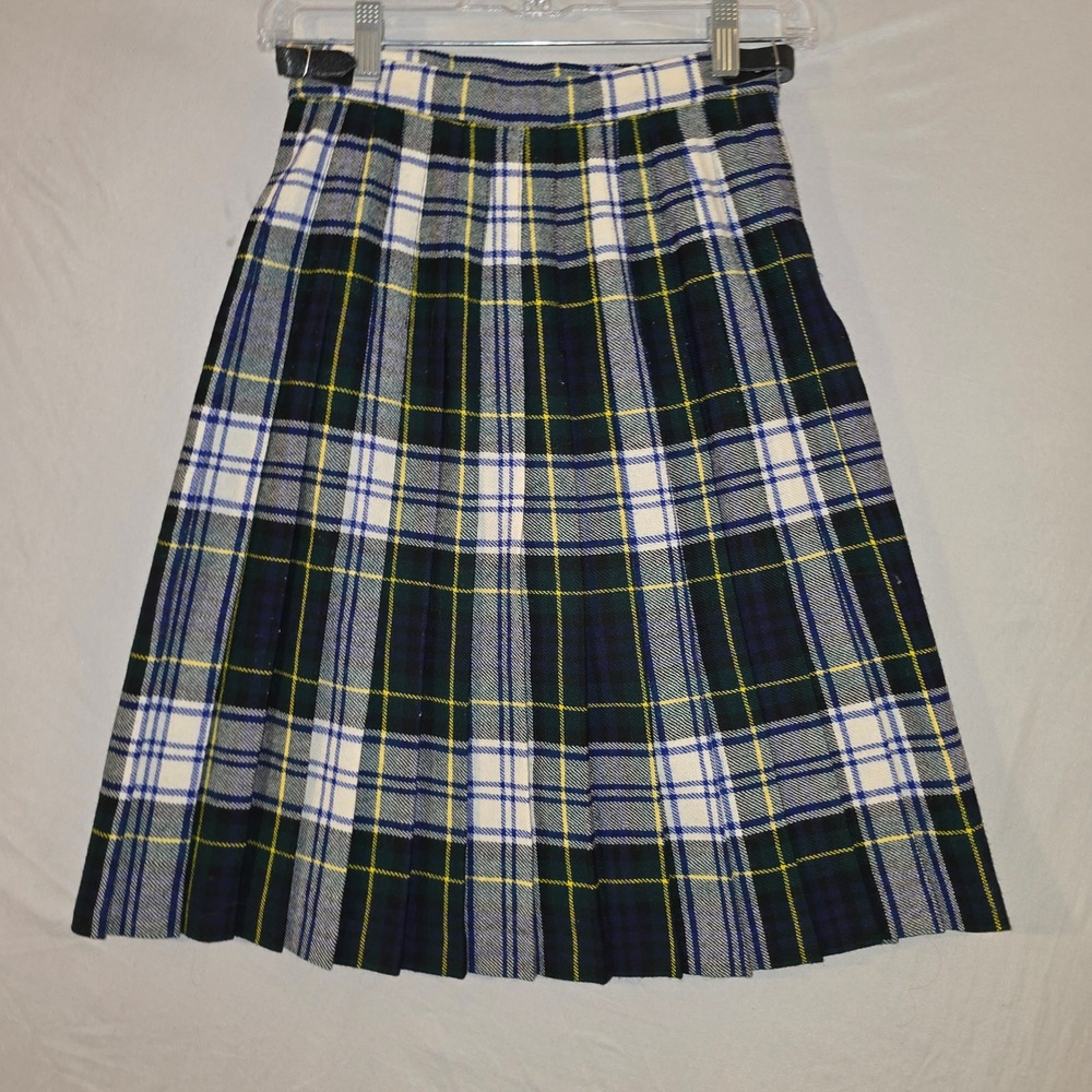 Pure New Wool Kilt Skirt 12 Kids Blue Green Plaid Pleated Vintage
